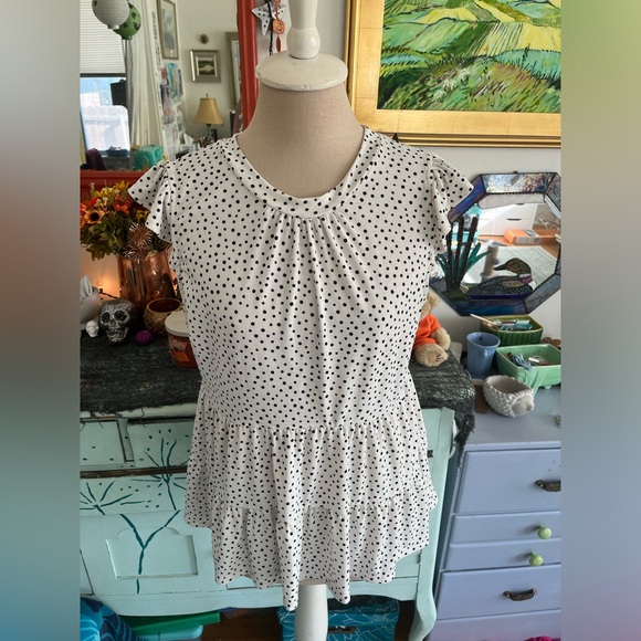 Monteau Tops - Monteau Ruffle Top Shirt XL Black Polka Dot Dressy Stretch Business Wear VGUC